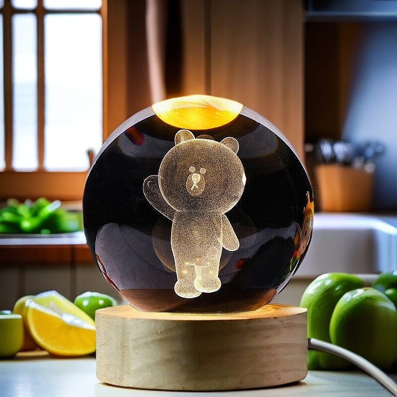 3D Carved Bear Crystal Ball Night Light with Wooden Base - Kids Gift Healing Decor