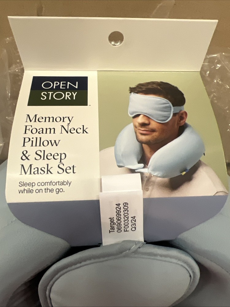 Memory Foam Travel Neck Pillow & Eye Mask Muddy Aqua - Open Story™