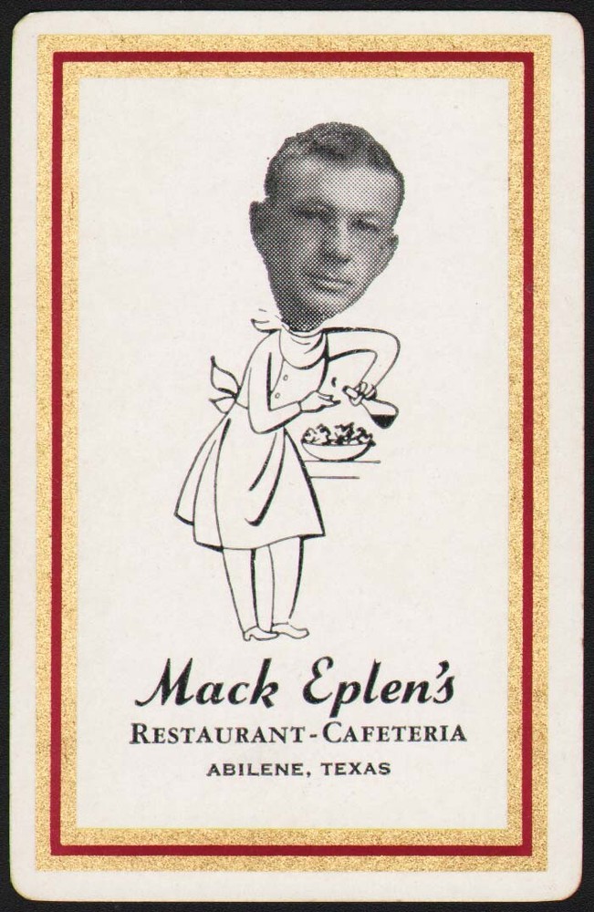 Vintage playing card MACK EPLENS Restaurant Cafeteria red border Abilene Texas