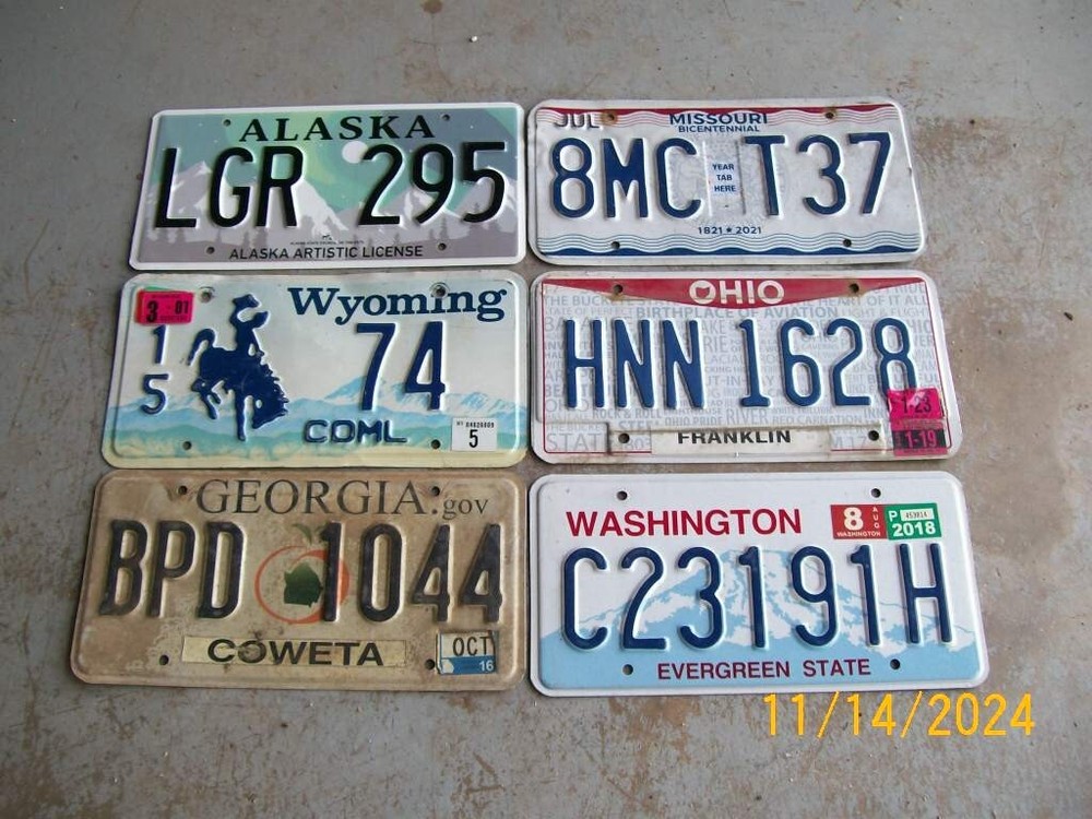 LICENSE PLATE 6 LOT ALASKA WY GA MO OH WA GOOD CONDITION COLOREXPIRED 3YEARS