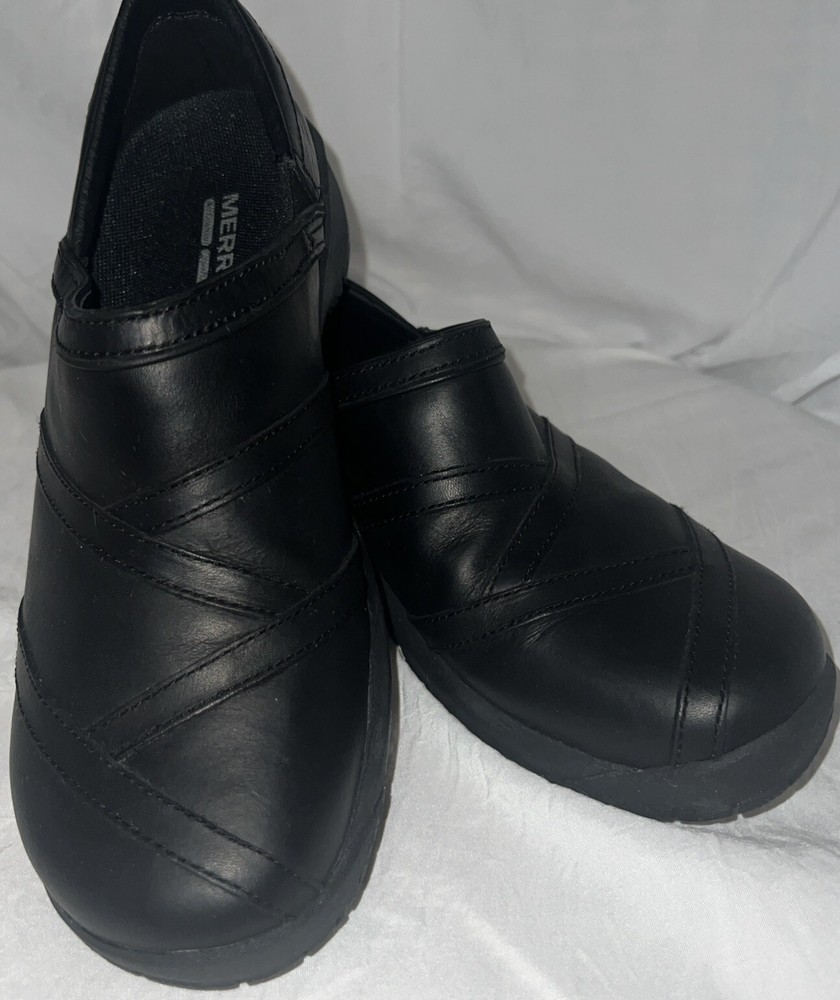 Merrell Women's Encore Eclipse Black Leather Slip-On Clogs Size 8