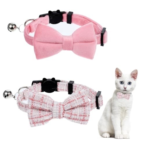 2 Pack Cute Cat Collars for Girl Cats Pink Kitten Bowtie Collar with Bells