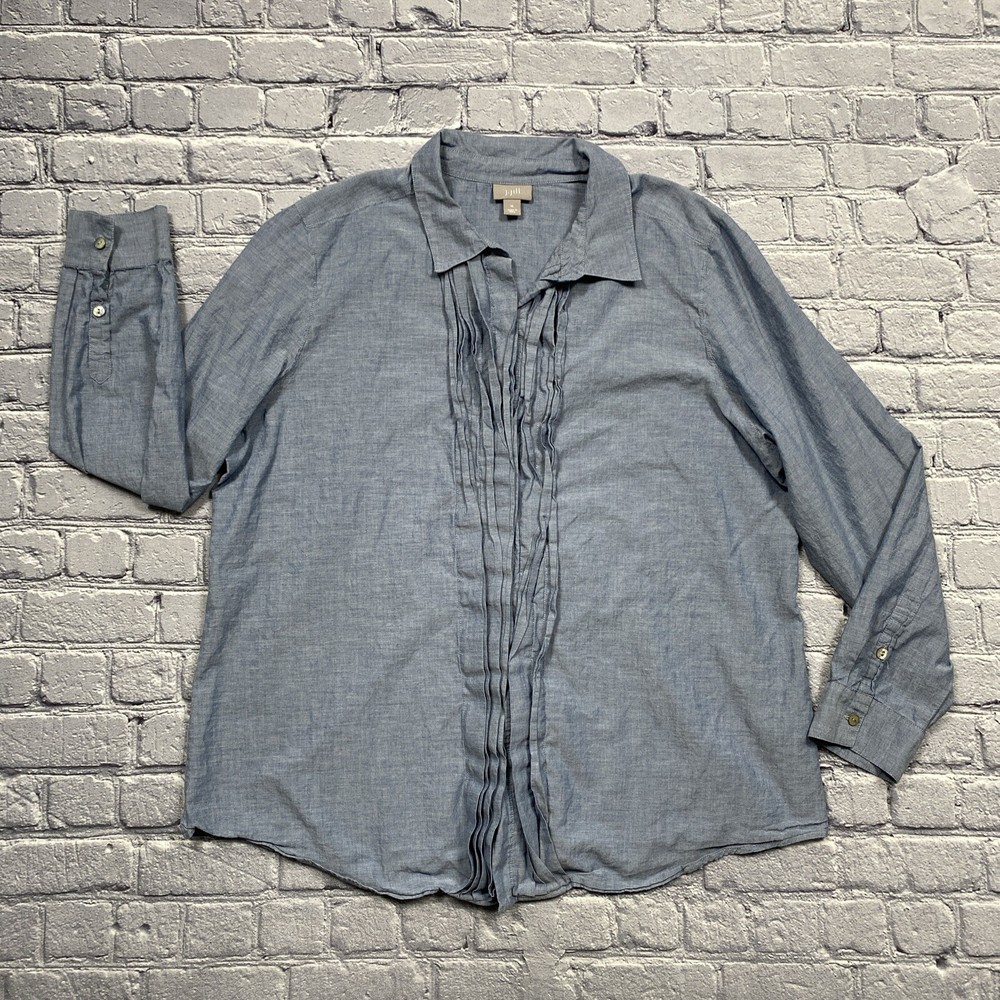 J Jill Button Up Blouse Size XL Blue Victorian Ruffle Chic Parisian Career