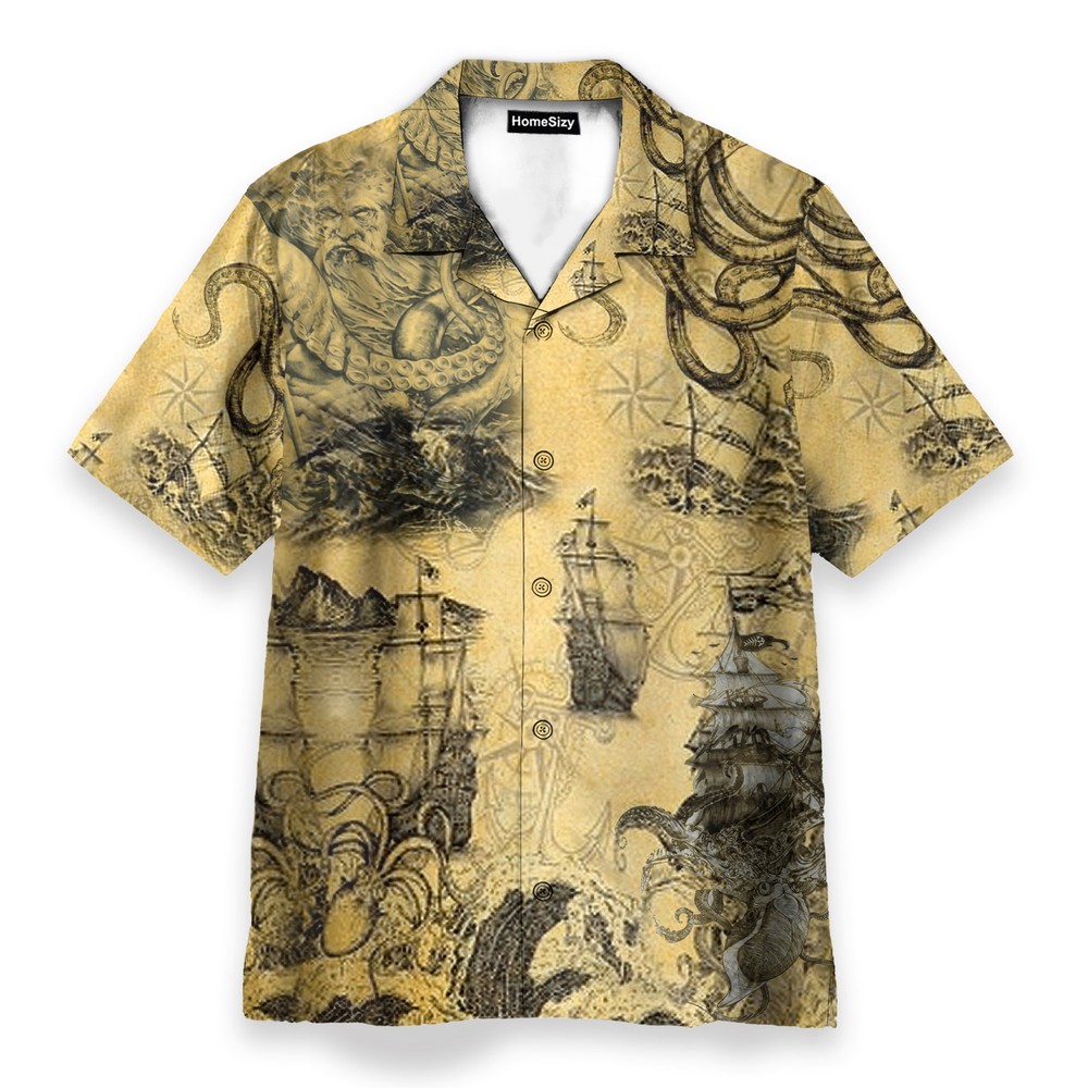 Octopus Attacks Ship Mens Buttons Up Shirts   Hawaiian Shirt