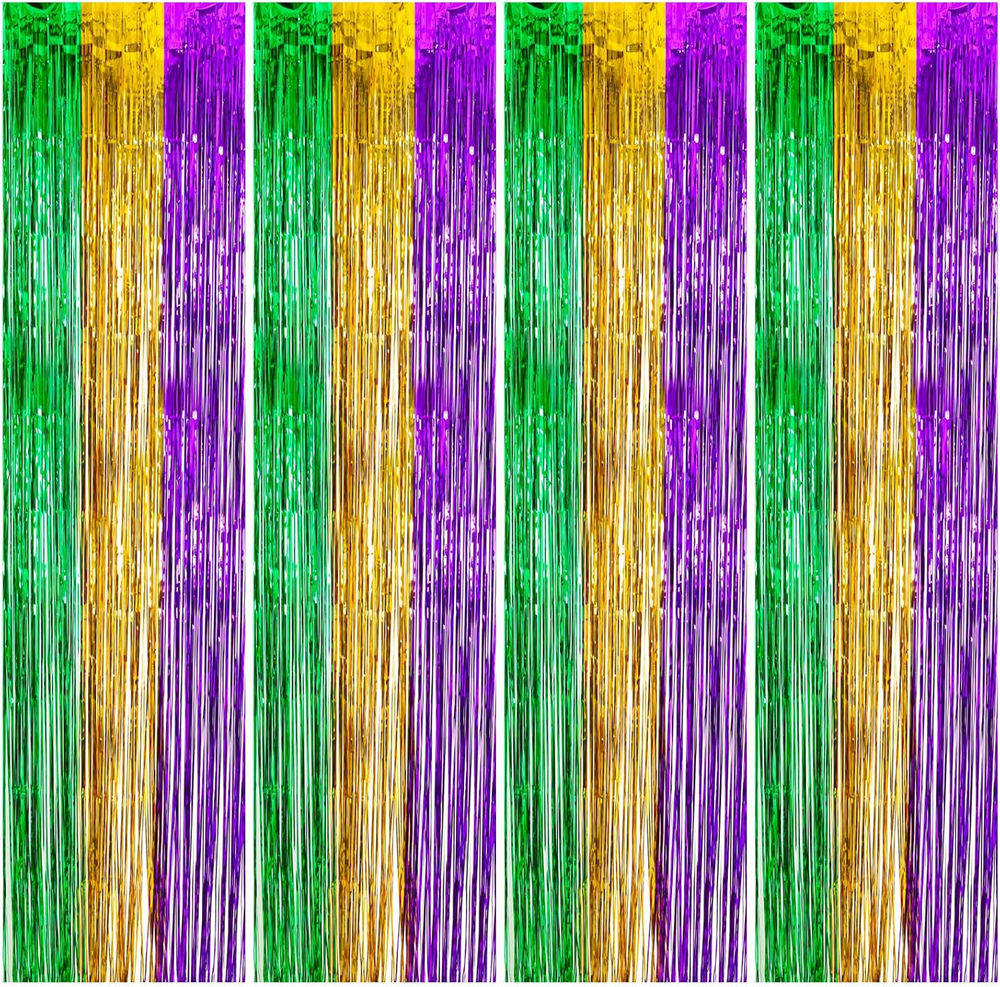 4Pcs Mardi Gras Metallic Tinsel Foil Fringe Curtains, 3.3X6.6Ft, Gold Green Purp