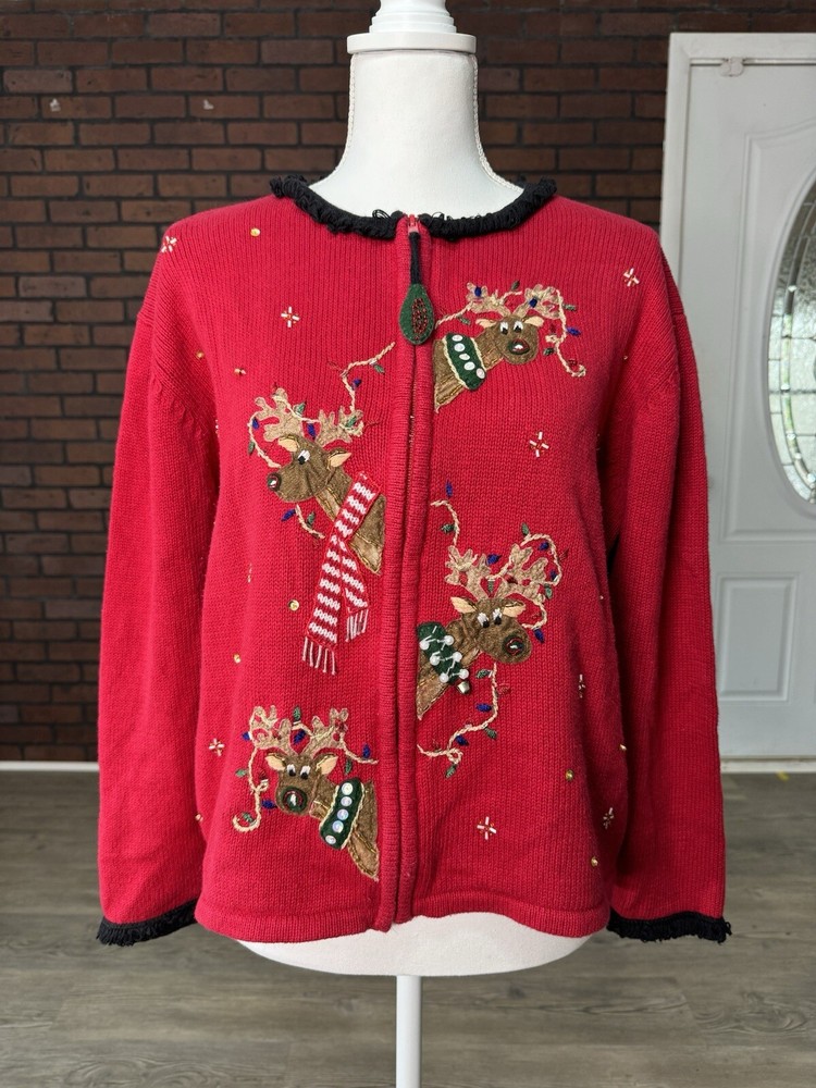 Vintage Heirloom Collectibles Reindeer Christmas Sweater Full Zip Large