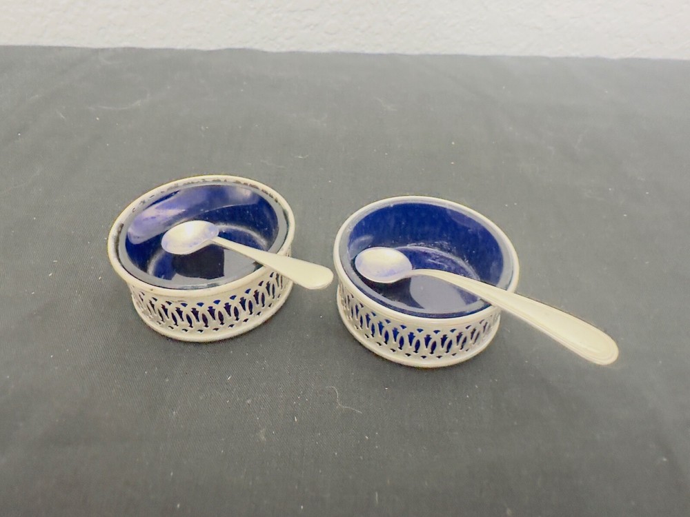 Antique sterling silver salt cellar with cobalt blue glass insert and spoons