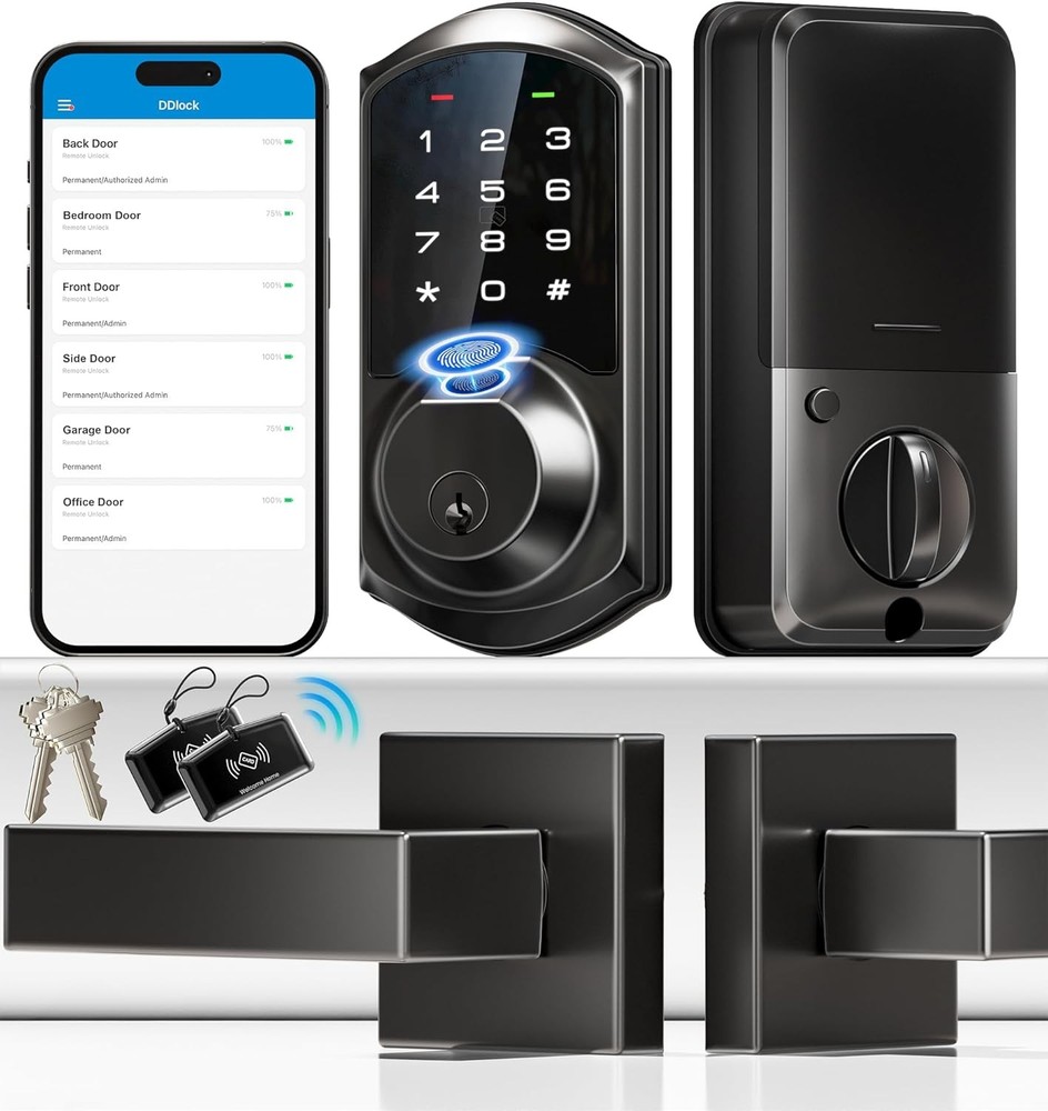 Veise Matte Black Fingerprint Smart Lock with 2 Levers for Front Door