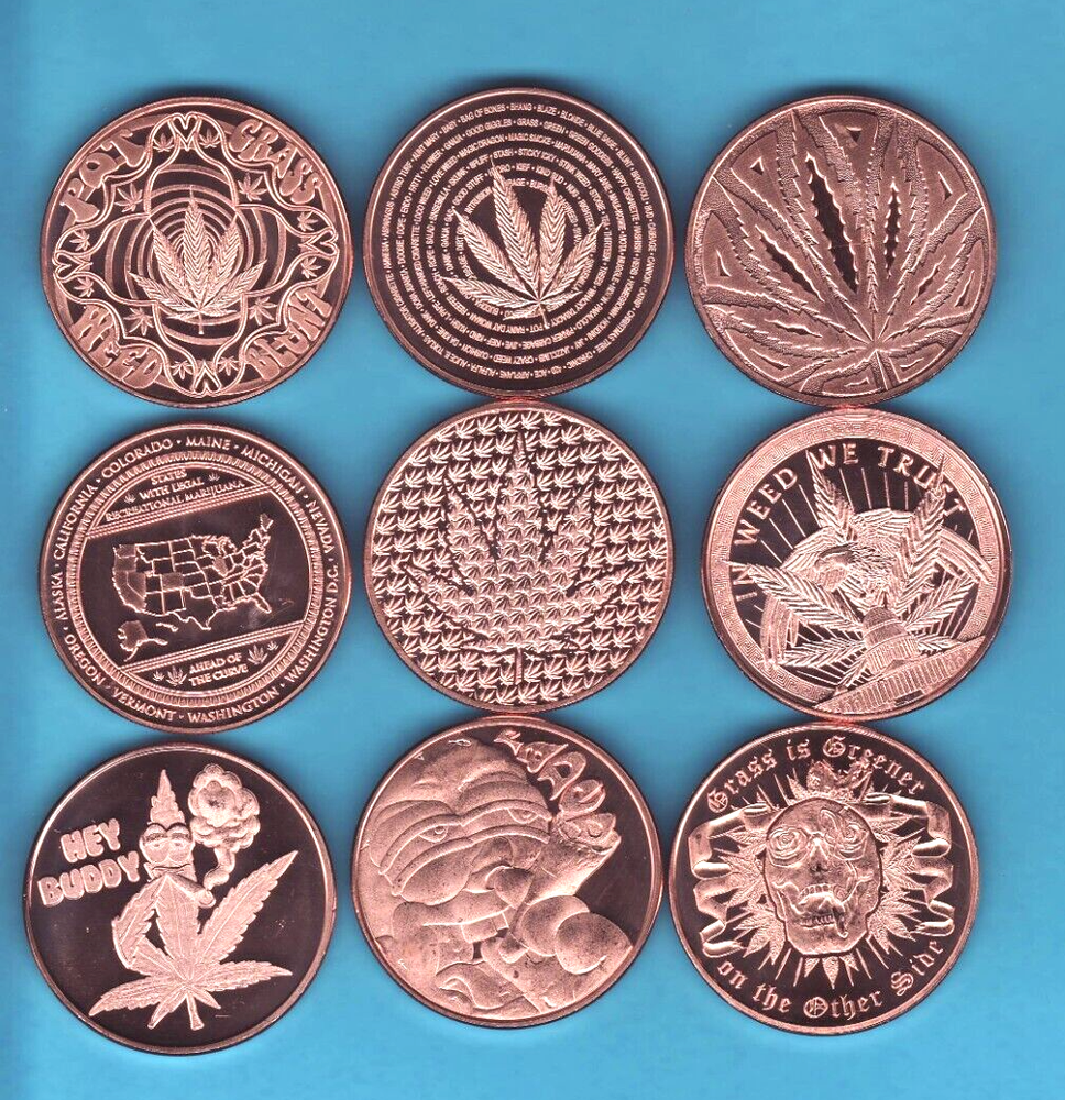 CANNABIS SET    1 oz. Copper Rounds  COMPLETE 9  Coins   SERIES 1 & 2