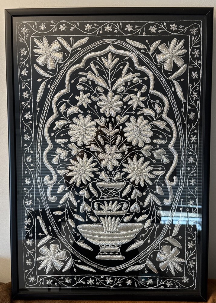 Handmade Silver Fountain with Floral Vase Kashmir Zari Art 21x31 Inches Stunning Décor