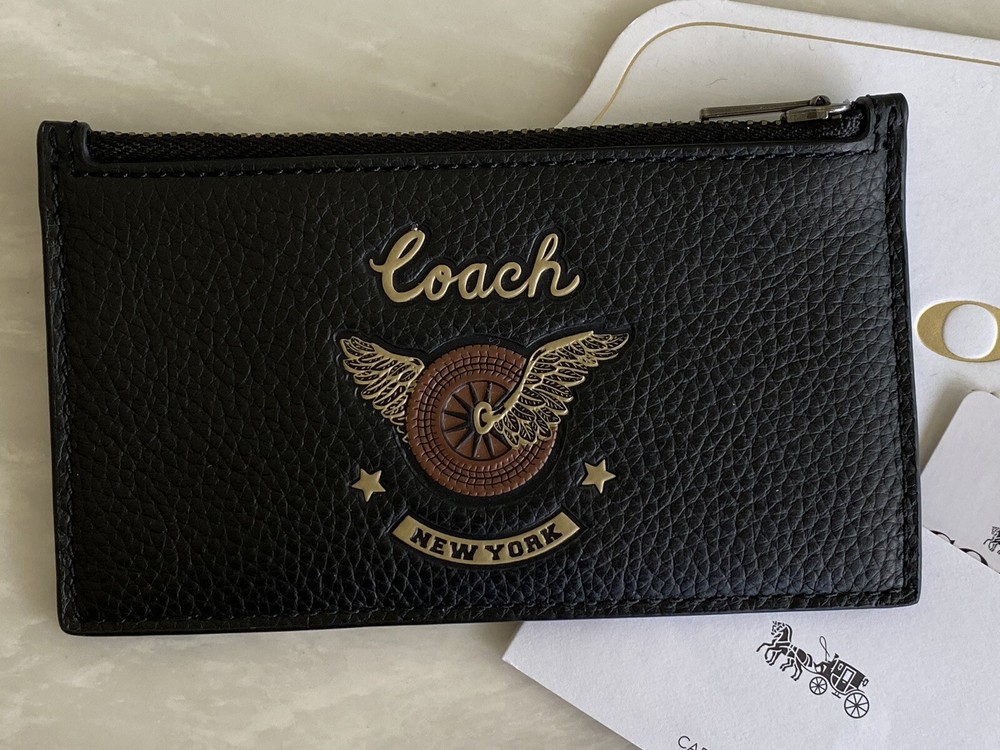 NWT COACH NY EASY RIDER BLACK/MULTI ZIP CARD CASE 38582
