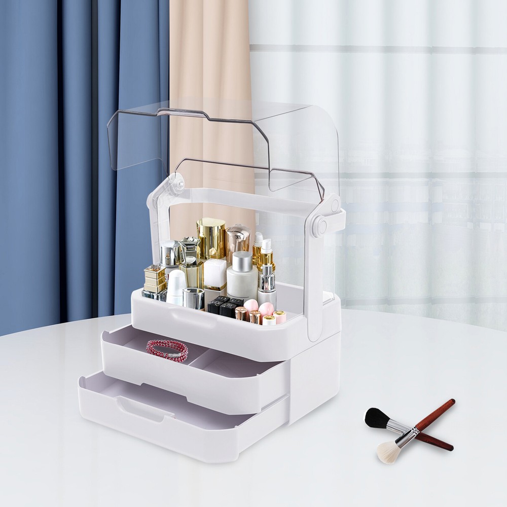Makeup Organizer Storage Box Rectangular Skin Care Cosmetic Case W/Cover&Drawers