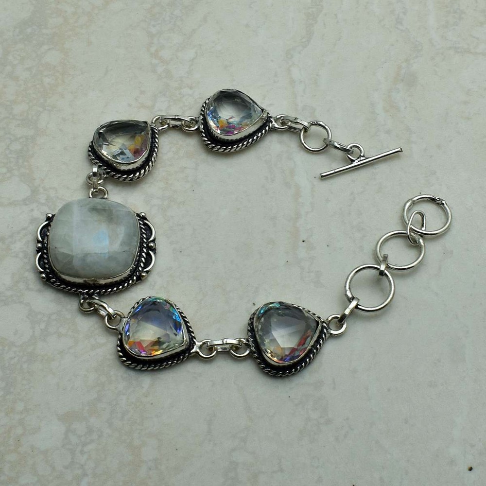 Rainbow Moonstone White Topaz Gemstone Handmade Bracelet Jewelry 26 Gms AB 51422