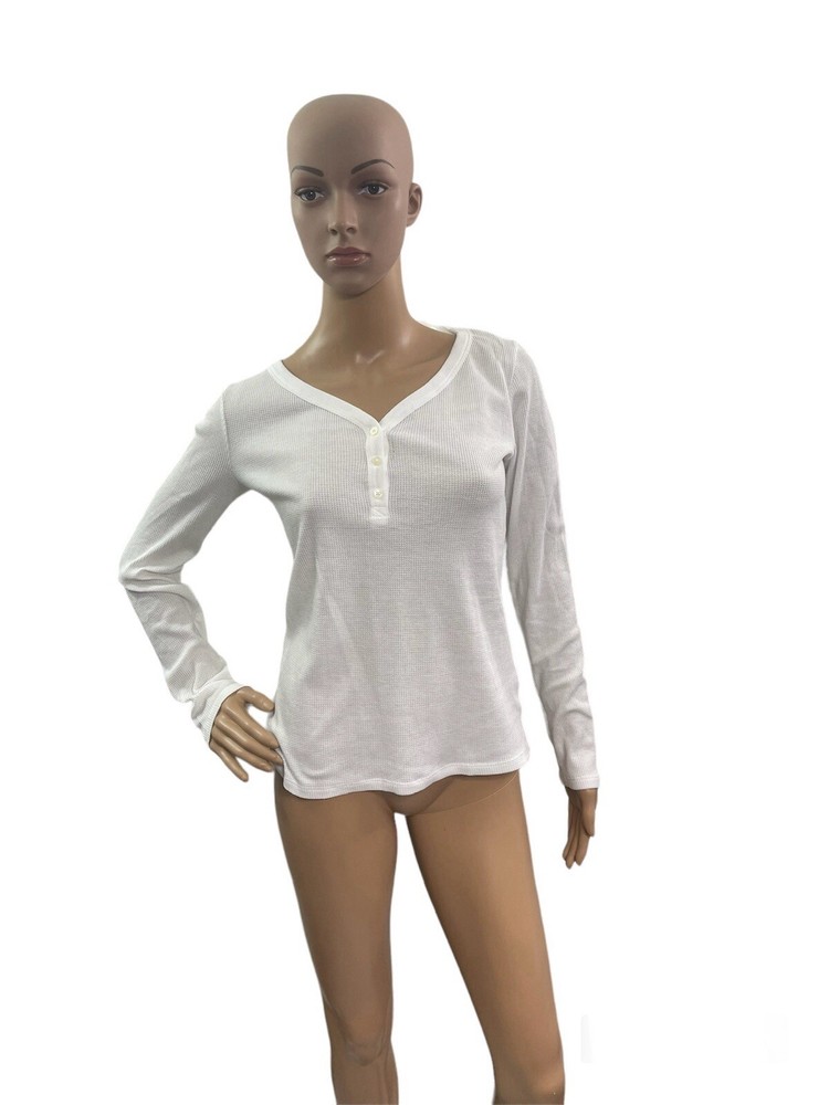 Gap Women’s Size Small Long Sleeve V Neck Solid White Waffle Knit Fitted Tee
