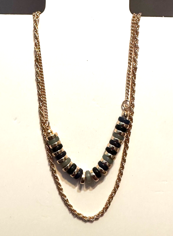 Double chain Necklace Blue/Black and Gold Beads