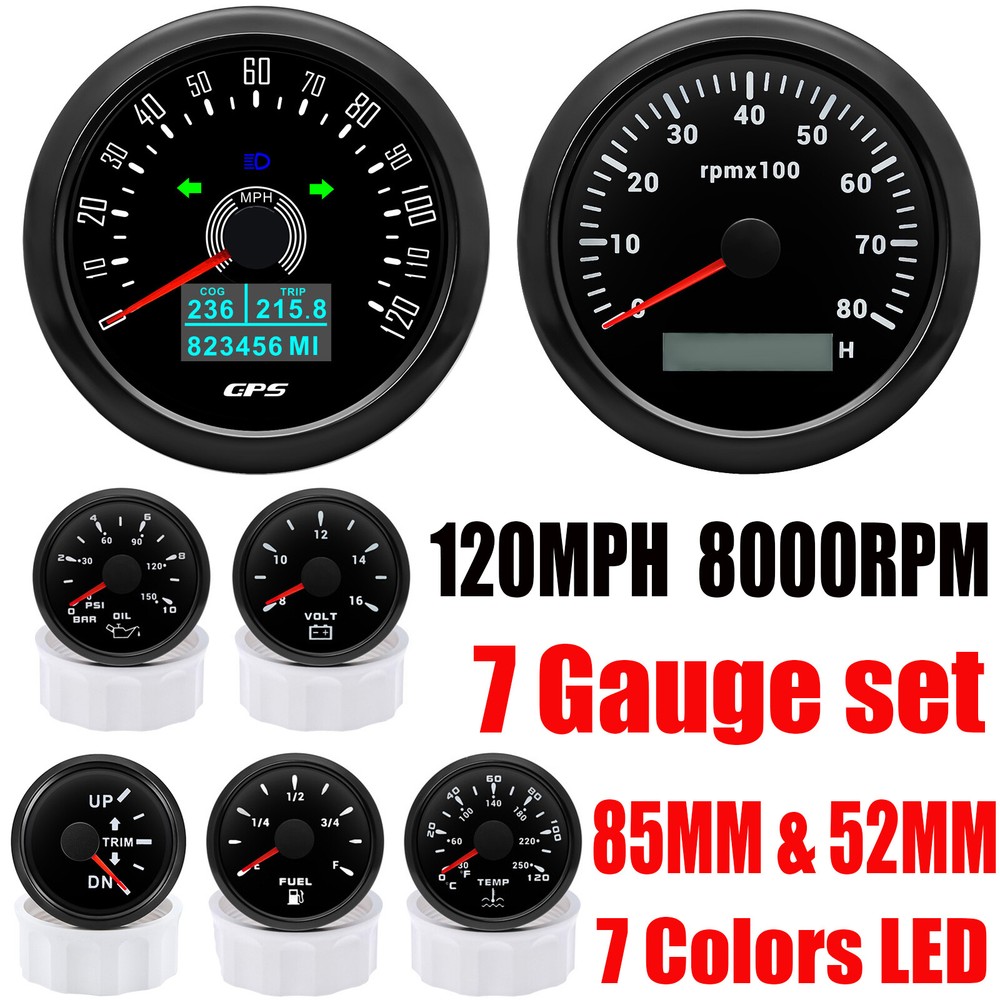 85MM GPS Speedometer 0-120MPH Tacho 0-8000RPM & 52mm Fuel/Oil Pressure/Temp/Volt