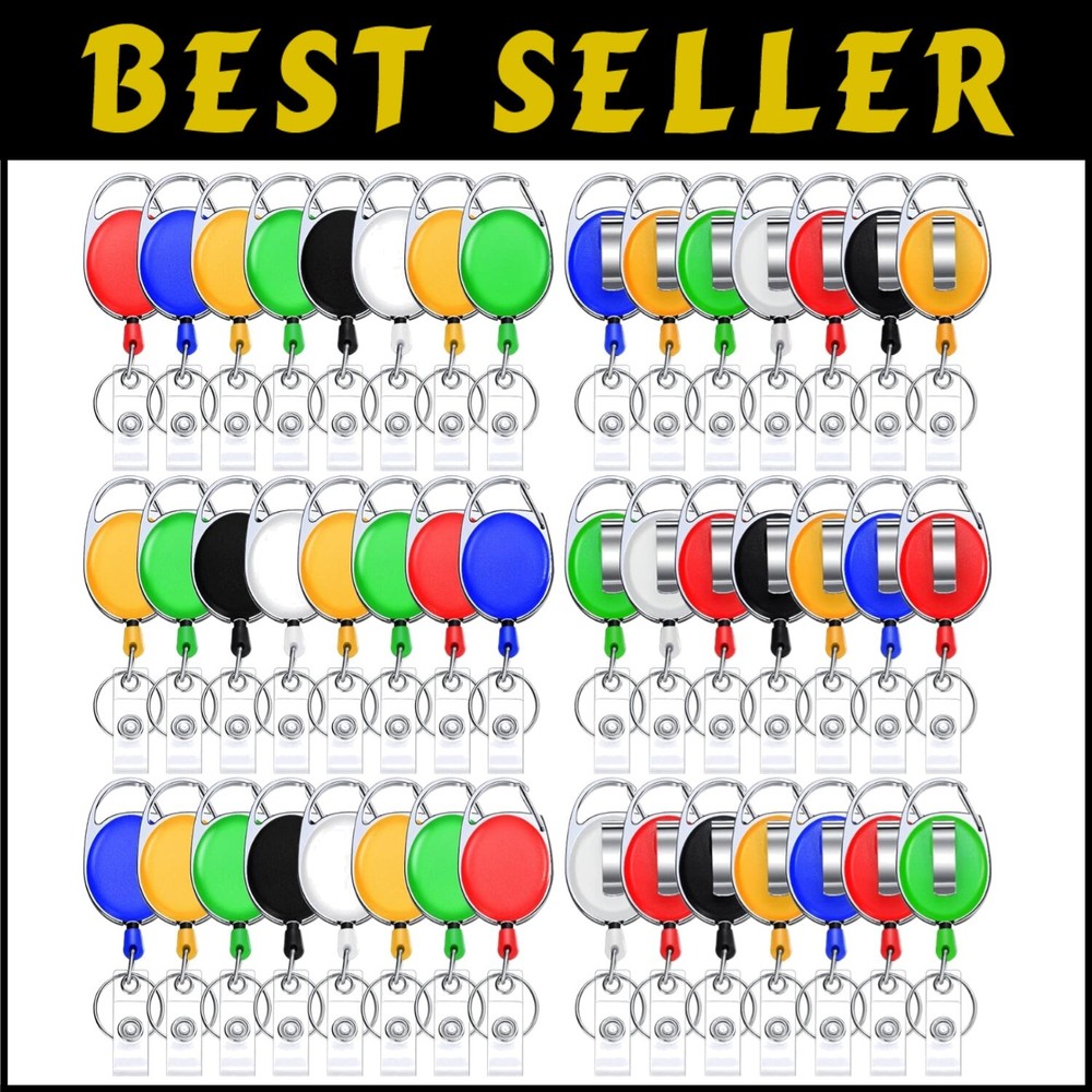 Durable Retractable ID Badge Holders with 50 Colorful Clips for Work or School