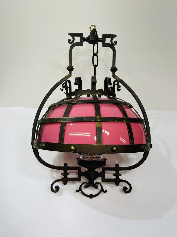 Stunning Antique 1881 Brass Metal Pink Hanging Oil Lamp Elec. Slide Chandelier