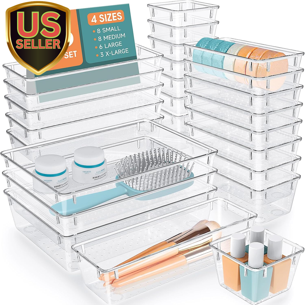 25 PCS Clear Plastic Drawer Organizer Set, 4 Sizes Desk Drawer Divider Organi...