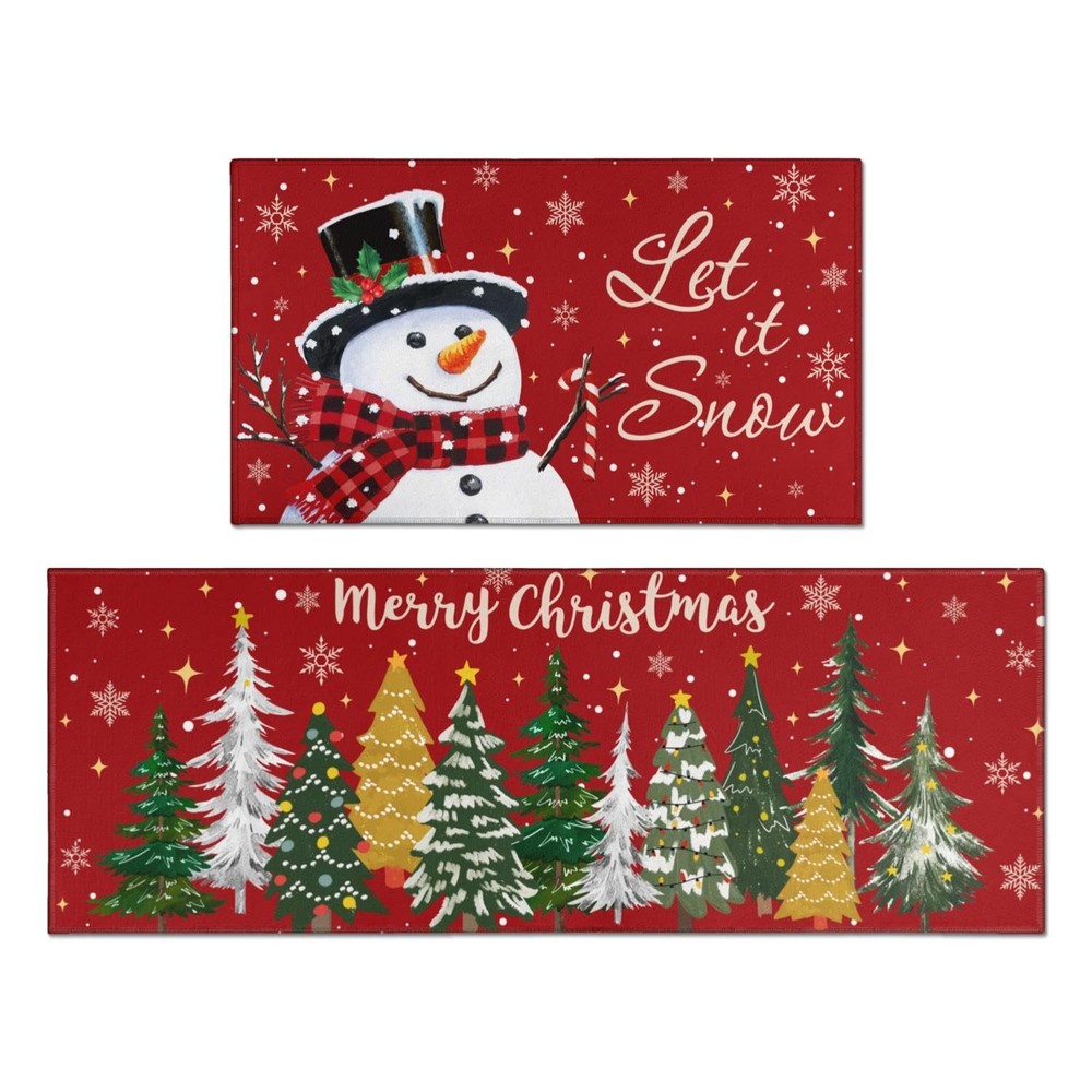 Non-Slip Christmas Kitchen Rugs Set of 2 - Snowman & Tree Design in Red, 17x30 & 17x47