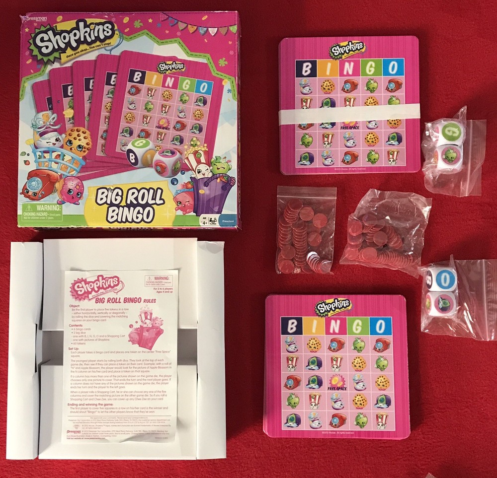 Pressman Shopkins Big Roll Bingo Board Game w/ Extra Set of Cards, Tokens, Dice