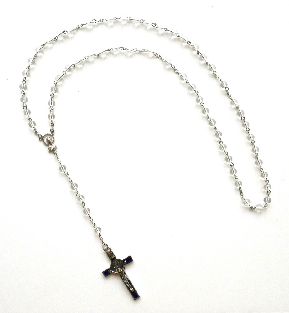 Clear Glass Bead Rosary with Blue Silver Crucifix and Pouch