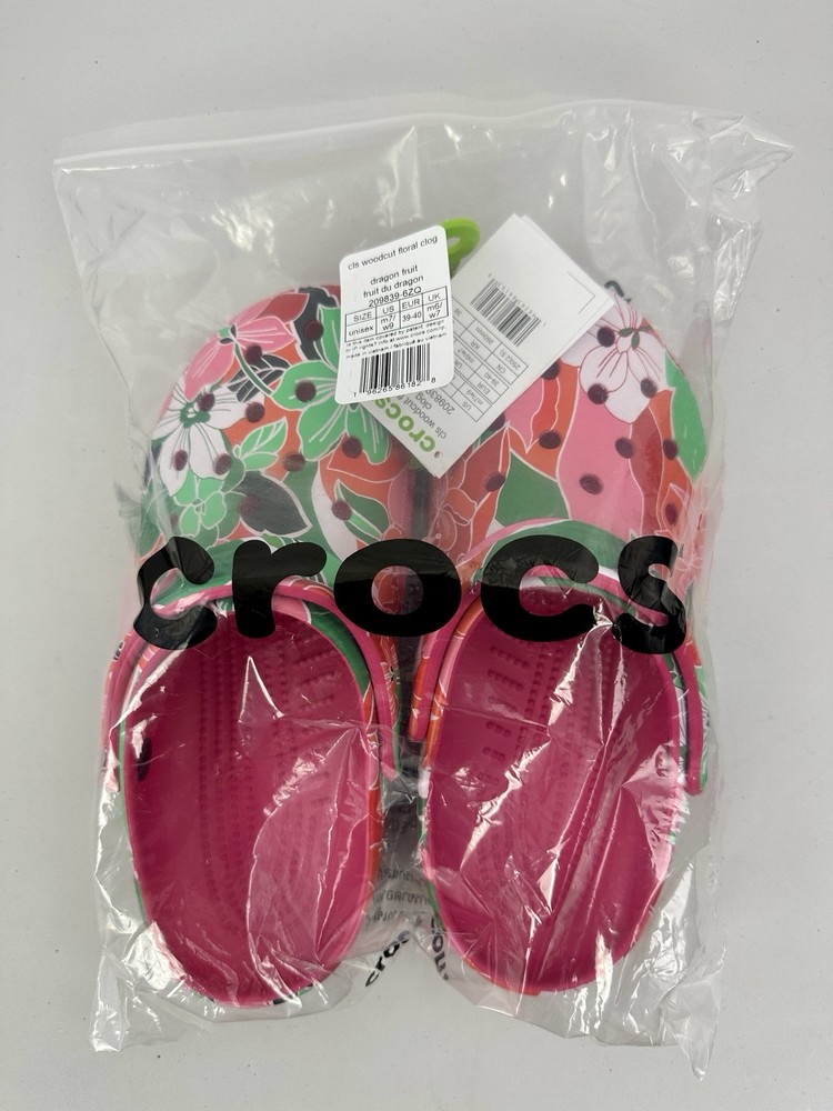 Women's Size 9 Crocs Classic Woodcut Floral Clog Color Dragon Fruit 209839-6ZQ