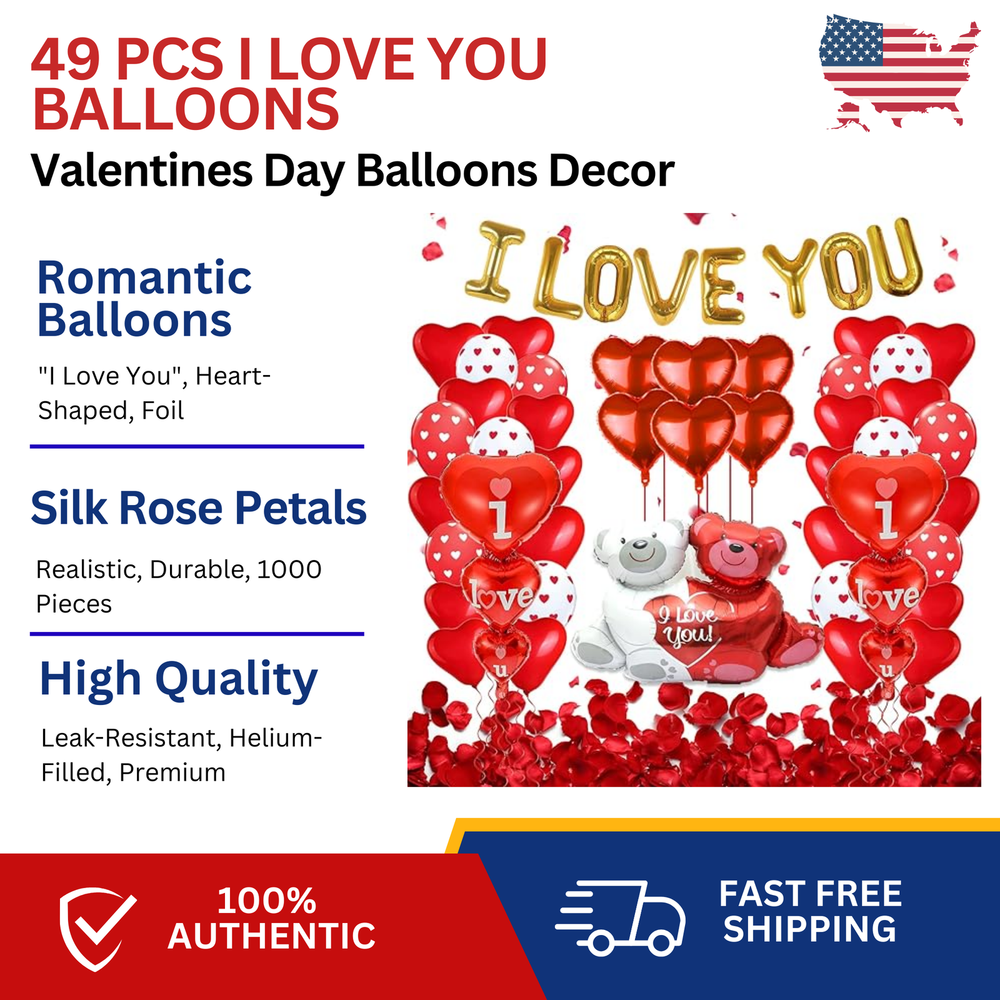 Valentines Day Balloons Decor 49 Pcs I Love You Balloons and Teddy Lovebear Red