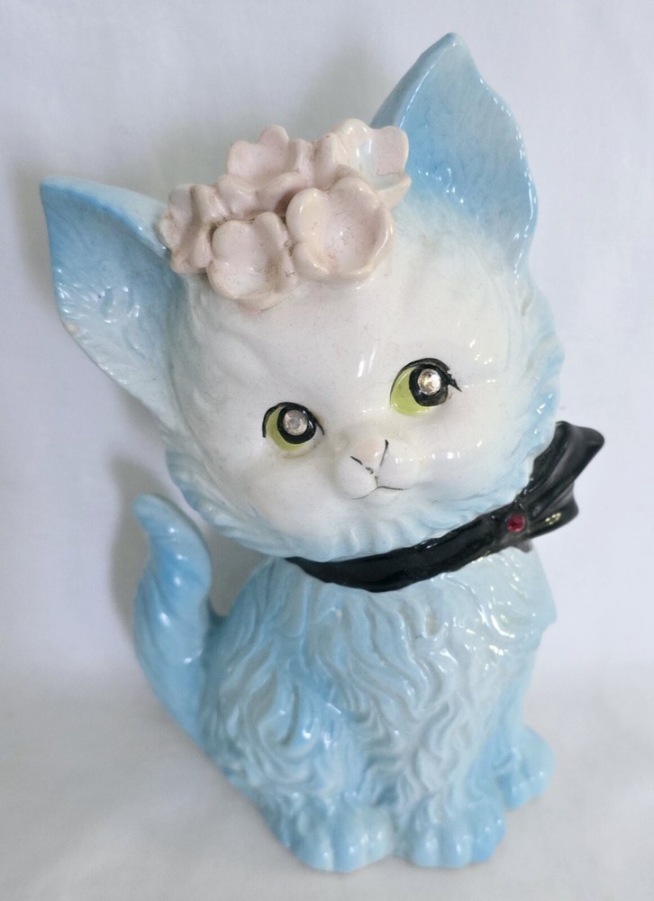 Vintage Baby Blue Kitten Cat  Piggy Bank Figurine Rhinestone Eyes 7