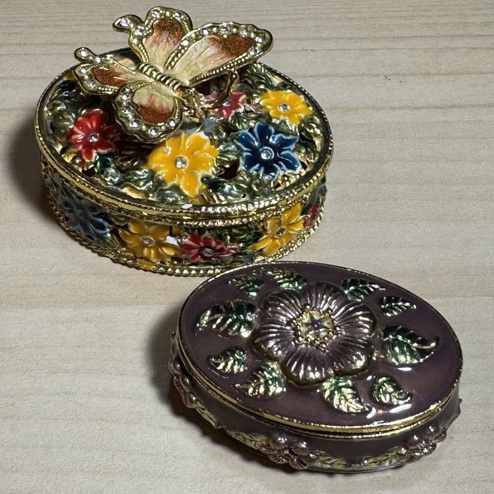 Butterfly Rhinestone Floral Enamel Gold Ring Box Trinket Holder
