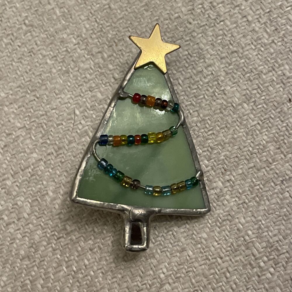 Vintage Hand Made Stained Glass Beaded Wire Work Christmas Tree Brooch Pin Star