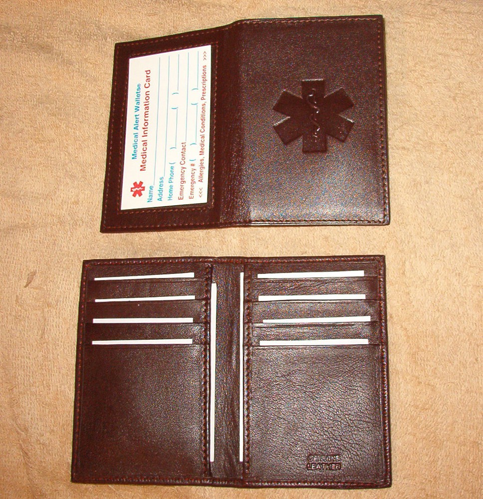 Leather Credit Card Medical ID Wallet with Symbol in Dark Brown  -image