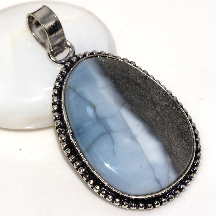 925 Silver Plated Owhyee Blue Opal Ethnic Pendant Jewelry Size 1.8