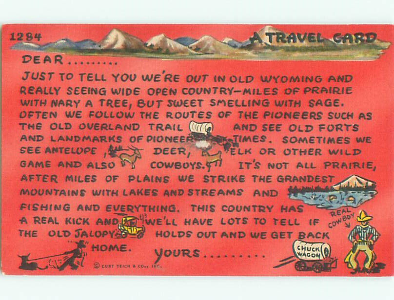 Linen comic OLD WEST POSTCARD - WESTERN COWBOY WITH CHUCK WAGON 60k cards J3801