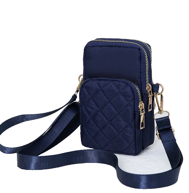 Blue Quilted Light Nylon Adjustable Strap Crossbody Bag Cell Phone Wristlet