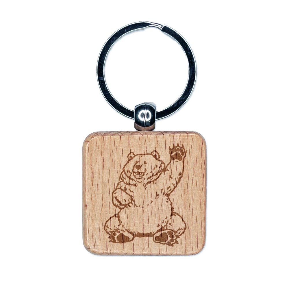 Chubby Waving Bear Engraved Wooden Square Keychain Charm Tag  