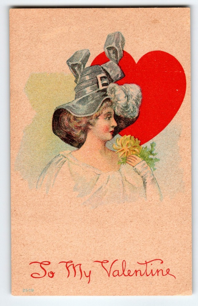 To My Valentine Postcard Victorian Big Hat Women Loving Greetings Vintage