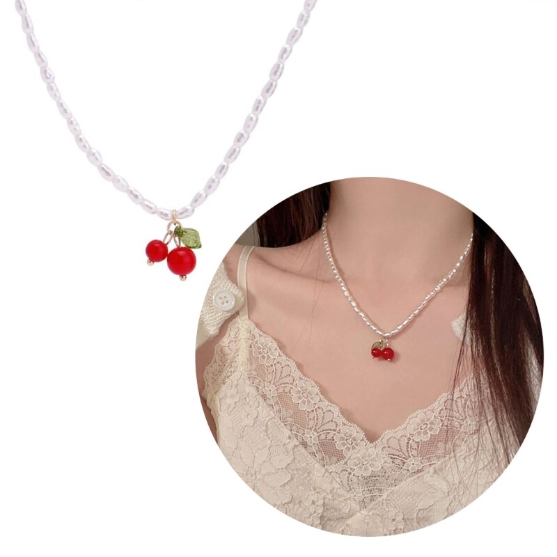 Cherry Pearl Necklace for Women Girls Neck Chain Choker Necklaces Jewelry