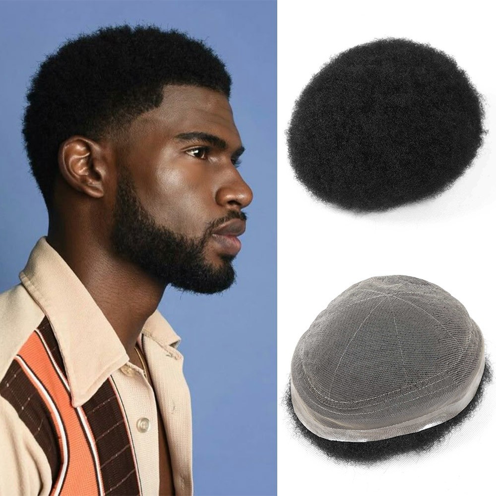 Full Lace Afro Curl Mens Toupee African American Human Hair Curly Systems
