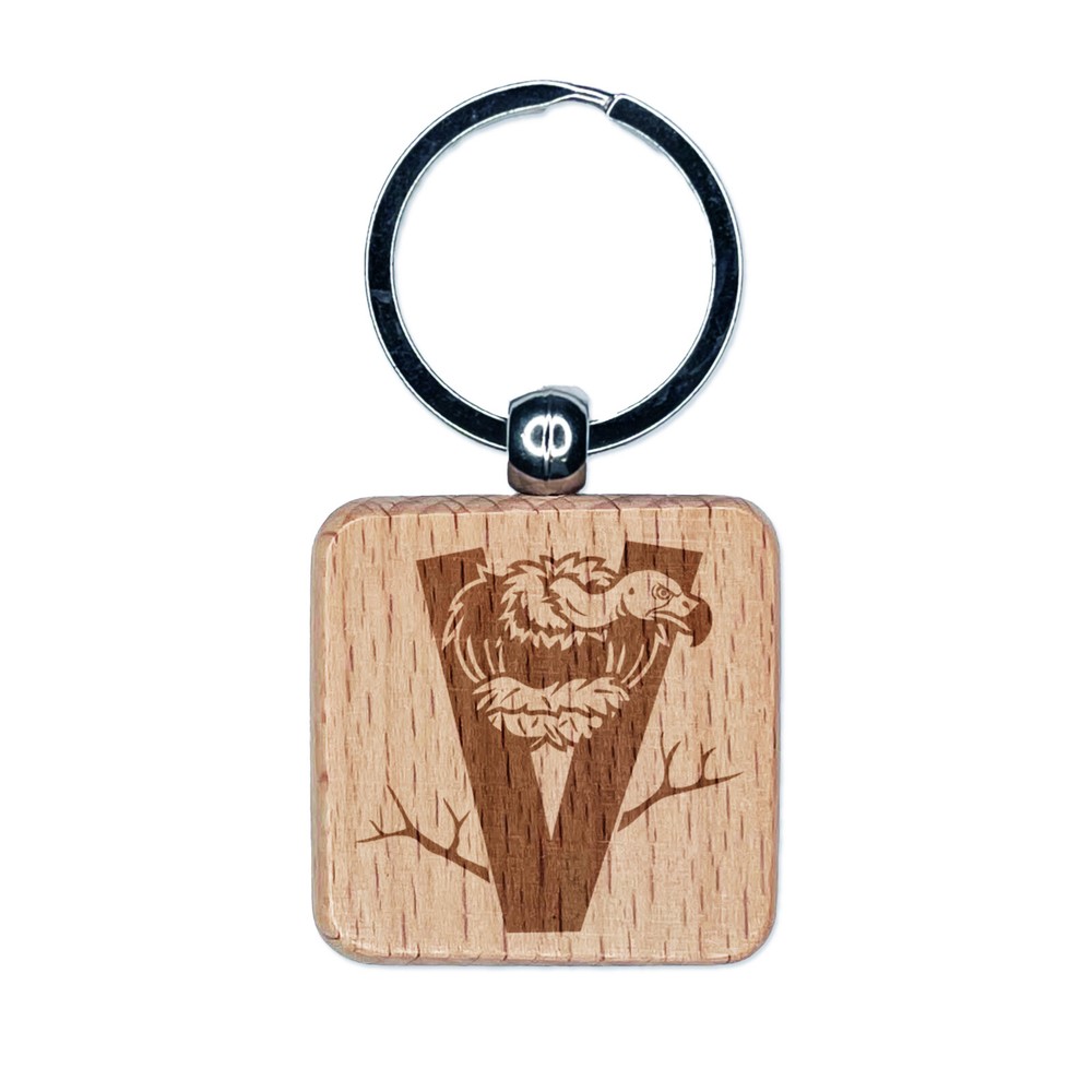 Animal Alphabet Vulture Wood Keychain - Letter V Engraved Charm Tag  
