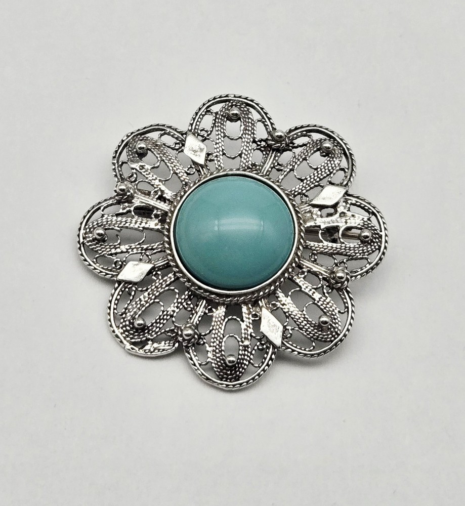 Vintage Sterling Silver Turquoise Floral Filigree Brooch 10.1g