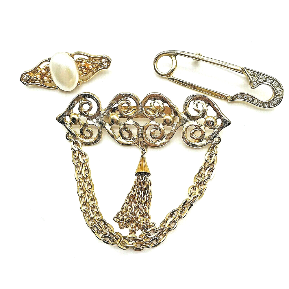 Lot 3 VTG Retro Victorian Look Brooch Pin Gold Tone Tassel Gems