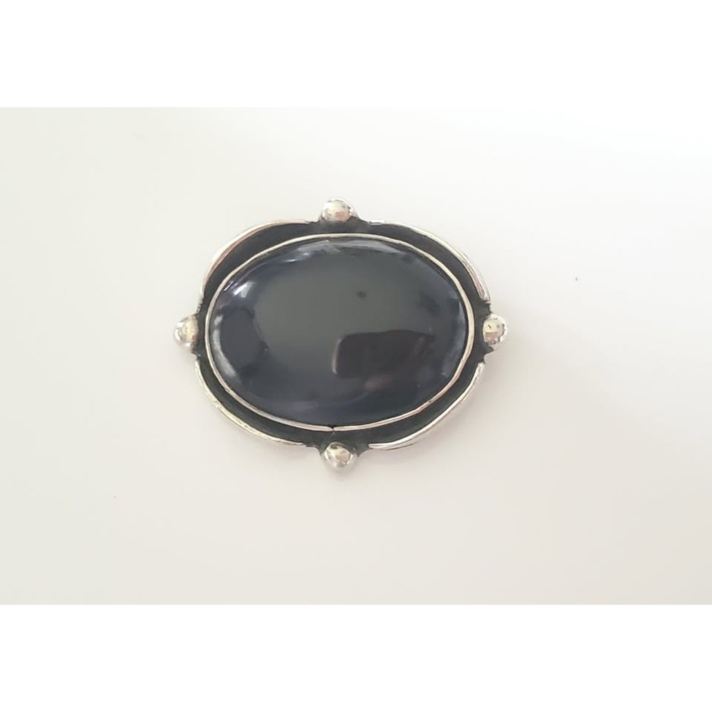 Vintage Sterling Silver Oval Onyx Cabochon Pendant Brooch Pin  