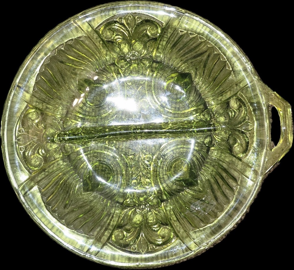 Vintage Green Indiana Glassware Killarney Divided Relish Dish Footed w/ Handle