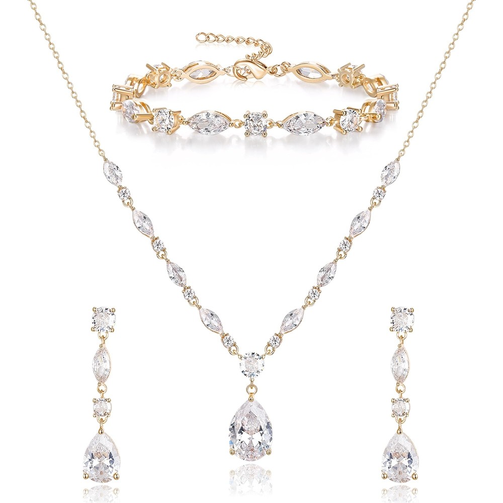 Crysdue Teardrop Bridal Jewelry Set for Wedding in Silver, 14K, Rose Gold