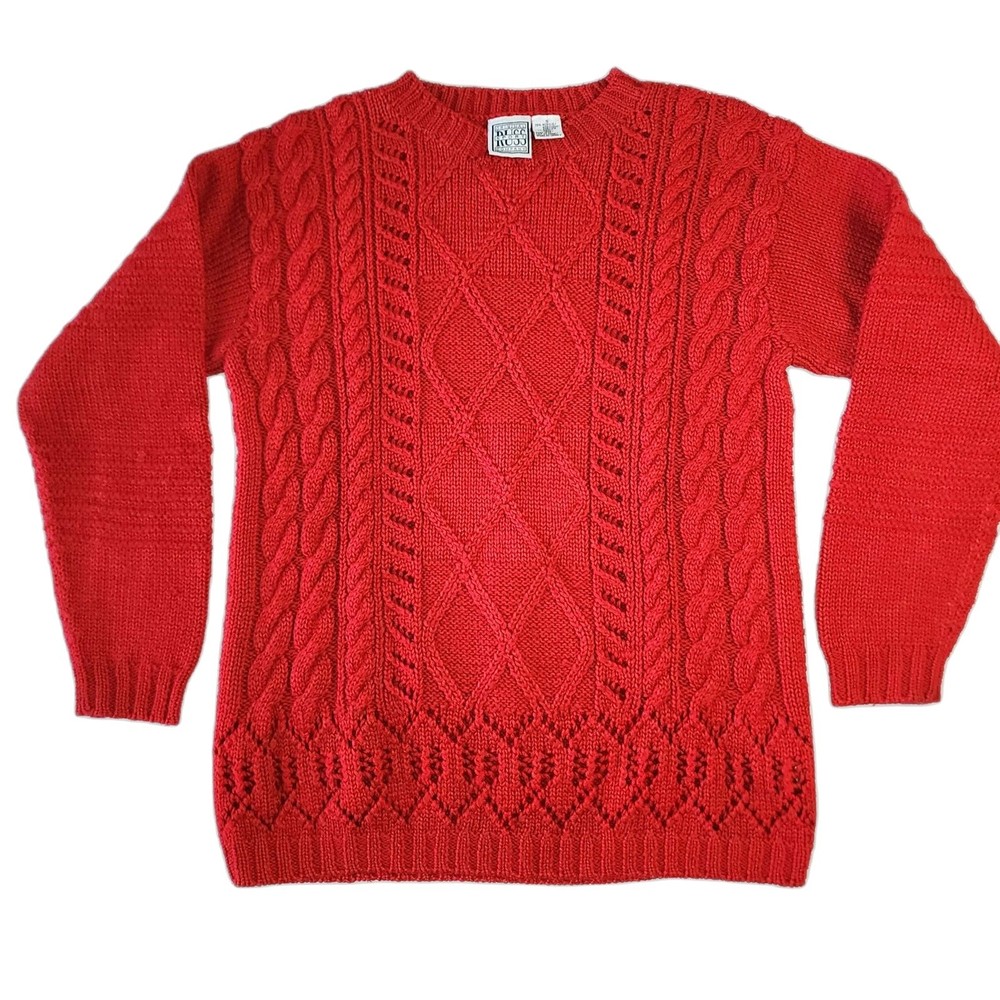 Vintage Original Russ Sport Company Red Wool Blend Cable Knit Sweater Size S