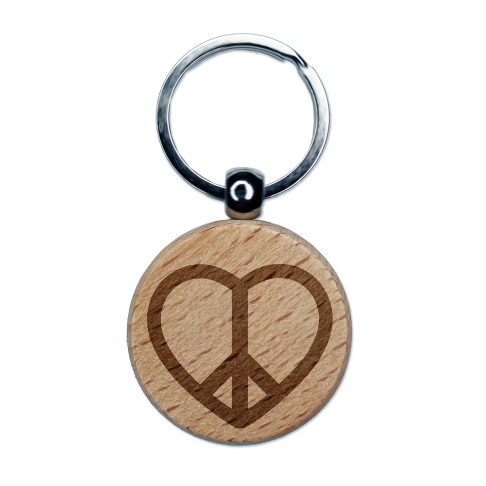 Peace Symbol Heart Engraved Wooden Round Keychain Charm
