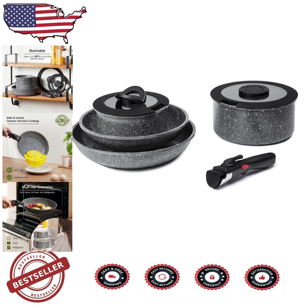 7-Piece Ceramic Nonstick Cookware Set with Removable Handles for Induction Stoves