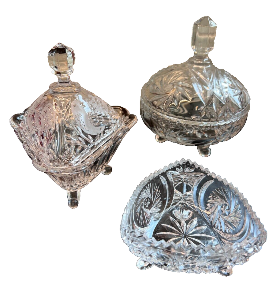 3 Vintage Etched Crystal Candy & Relish Dishes with Lids