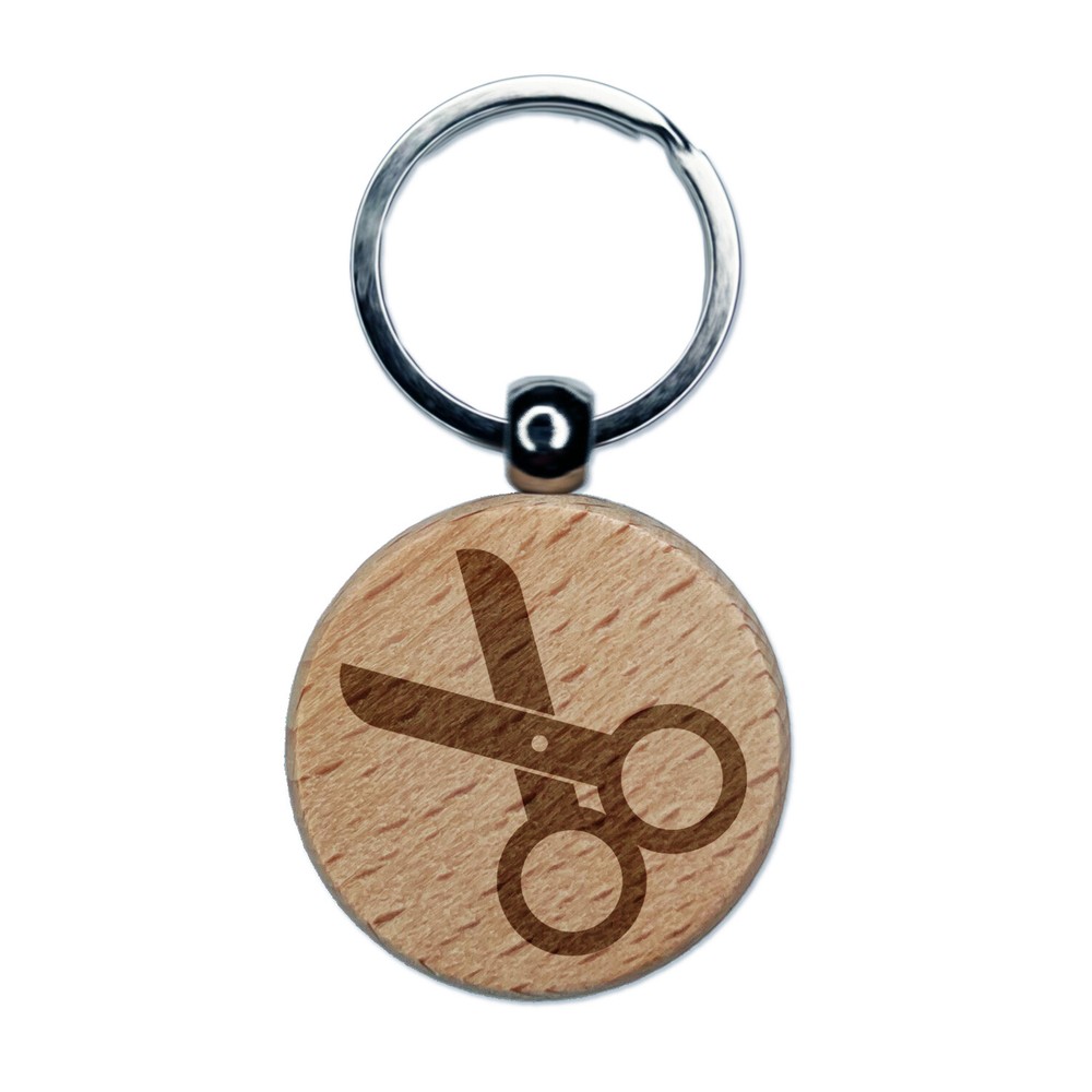 Scissors Symbol Engraved Wood Round Keychain Tag Charm
